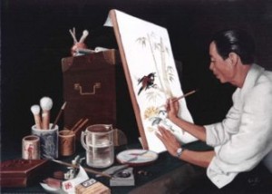 Oriental Artist - a watercolour being painted - captured in Oil by Mai Griffin